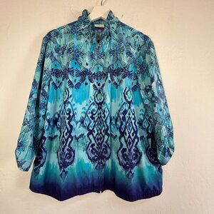 Zenergy By Chico's Womens Size 3 Blue Printed Lightweight Jacket Stretch Casual